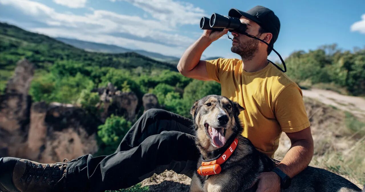 Guy with a huskey wearing an orange PEIKO® QuickLeash™ collar in the mountains